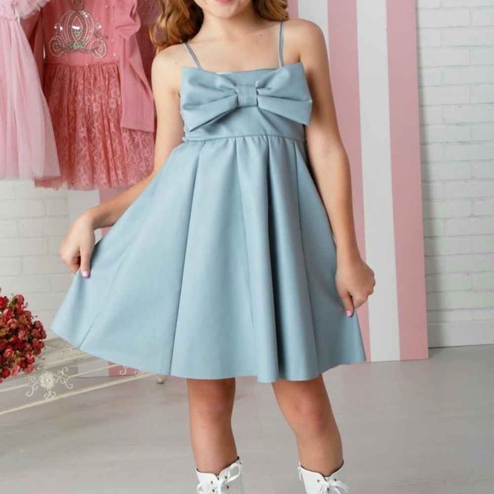 Elegant Blue Kids Pleather Dress with Bow